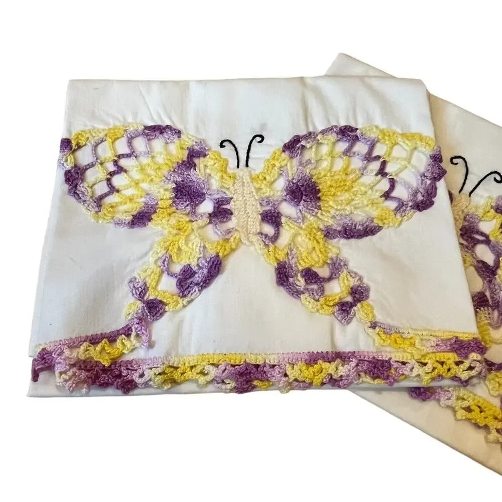 Set NWOT Vintage Hand Crocheted Butterfly Pillowcases 21 x 30” Purple Yellow